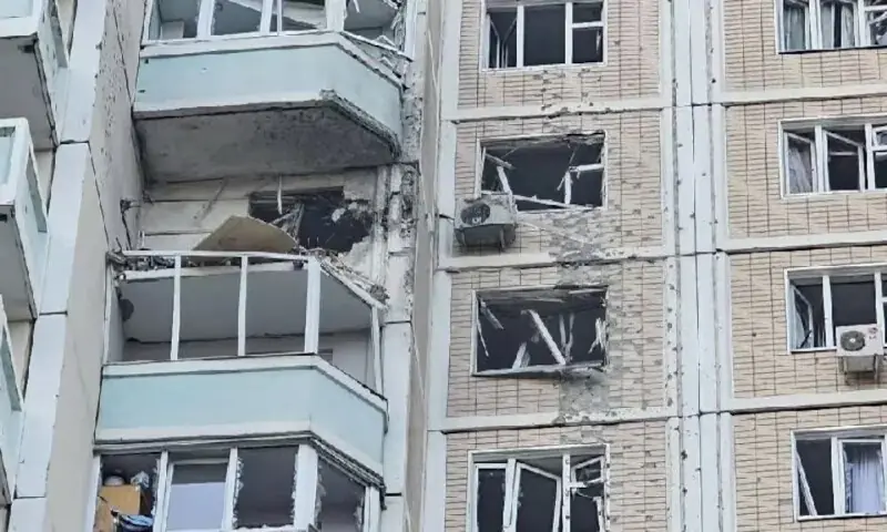 An apartment building damaged in a Ukrainian drone attack in Krasnogorsk, in the Moscow region, Russia, on Sunday. -- Reuters