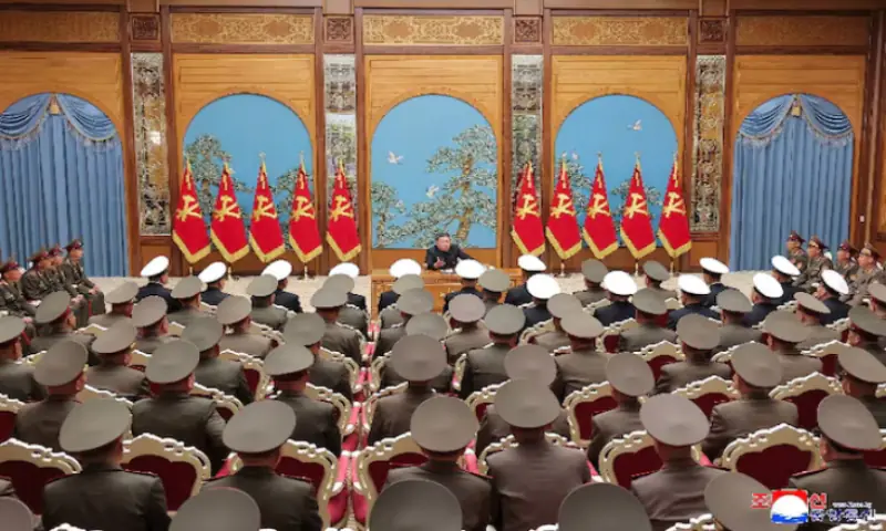 North Korean leader Kim Jong Un meets with division and brigade commanders of the entire army. -- Reuters