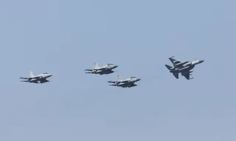 Pakistan Air Force's JF-17 Thunder jets fly past during the sea phase of Pakistan Navy's Multinational Exercise AMAN-23, in the North Arabian Sea near Karachi, Pakistan. -- Reuters