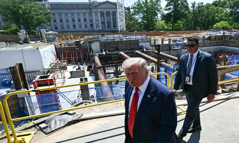 US President Donald Trump departs after speaking to the press near the construction site of his proposed ballroom at the White House in Washington, DC, on May 19, 2026. AFP