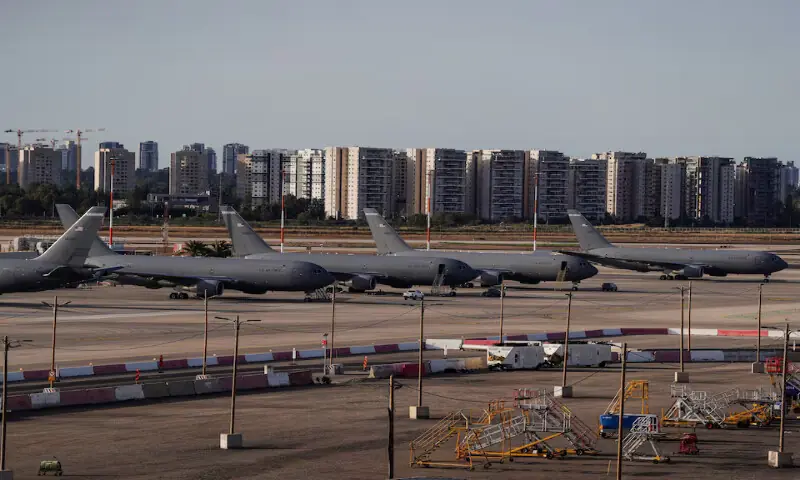 US Air Force tanker aircraft are lined up at Ben Gurion International Airport in Lod, near Tel Aviv, Israel. -- Reuters US Air Force tanker aircraft are lined up at Ben Gurion International Airport in Lod, near Tel Aviv, Israel. -- Reuters