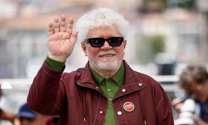 Director Pedro Almodovar, who is wearing a "Free Palestine" pin, poses during a photocall for the film "Amarga Navidad" (Bitter Christmas - Autofiction) in competition at the 79th Cannes Film Festival in Cannes, France. -- Reuters