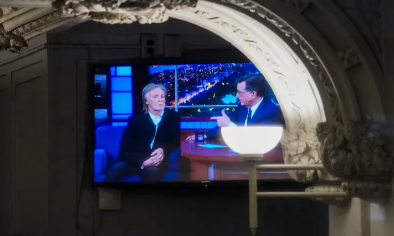 A television monitor inside the Ed Sullivan Theater shows Stephen Colbert with Paul McCartney as the last show of Stephen Colbert’s Late Show is filmed, in New York City, US. -- Reuters A television monitor inside the Ed Sullivan Theater shows Stephen Colbert with Paul McCartney as the last show of Stephen Colbert’s Late Show is filmed, in New York City, US. -- Reuters