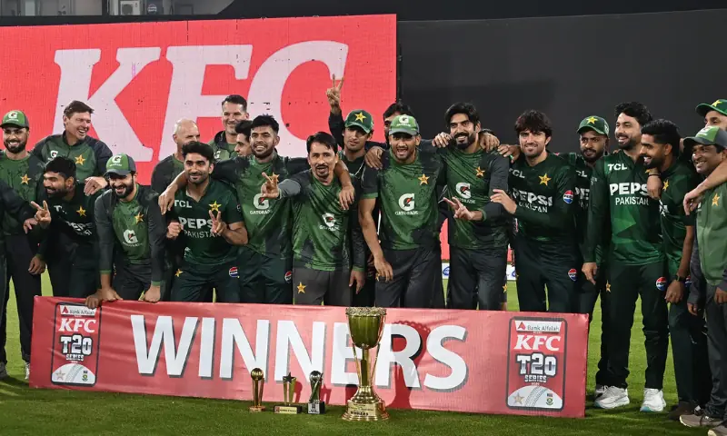 Pakistan’s cricketers pose with the winning trophy at the end of the third and final Twenty20 international cricket match between Pakistan and South Africa at the Gaddafi Stadium in Lahore on November 1, 2025. -- AFP Pakistan’s cricketers pose with the winning trophy at the end of the third and final Twenty20 international cricket match between Pakistan and South Africa at the Gaddafi Stadium in Lahore on November 1, 2025. -- AFP