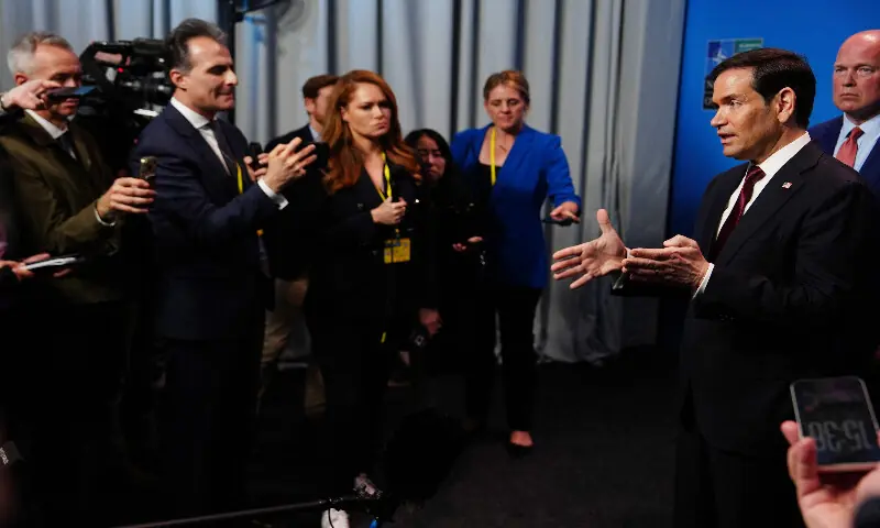 US Secretary of State Marco Rubio (right) speaks with journalists during a meeting of NATO foreign ministers in Helsingborg, Sweden, on May 22, 2026. AFP