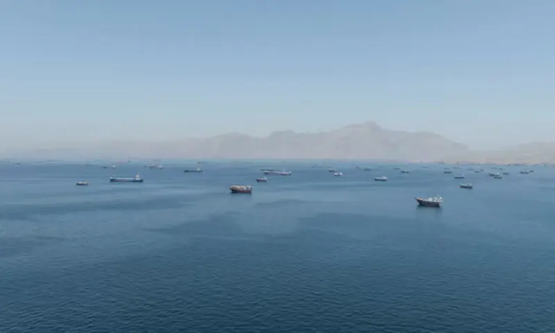 A drone view shows vessels sailing through the Strait of Hormuz as seen from Musandam, Oman. -- Reuters