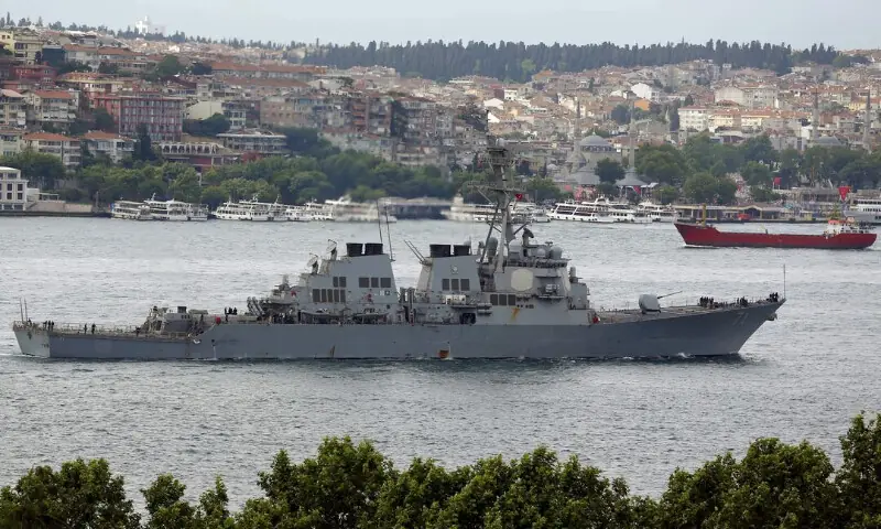 US Navy guided-missile destroyer USS Ross sets sail in the Bosphorus Strait, returning from the Black Sea following a mission, in Istanbul, Turkey. -- Reuters