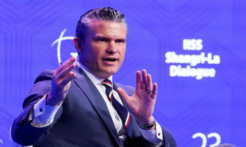 US Secretary of Defence Pete Hegseth speaks at the IISS Shangri-La Dialogue security summit in Singapore on Saturday. -- Reuters