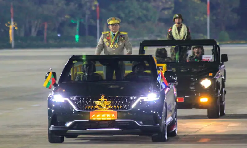 Myanmar's military leader Senior General Min Aung Hlaing participates in a parade commemorating the 81st Armed Forces Day in Naypyidaw, Myanmar in March, 2026. -- Reuters