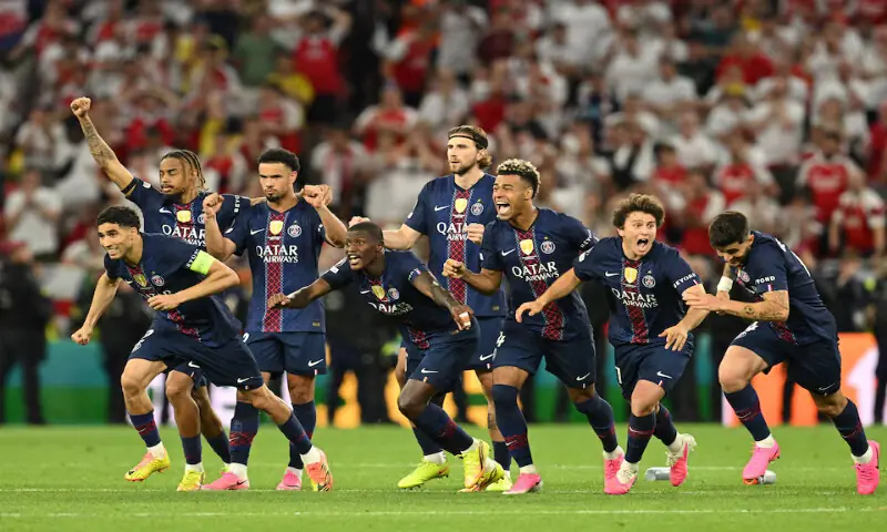 Paris St Germain players celebrate after winning the UEFA Champions League. -- Reuters Paris St Germain players celebrate after winning the UEFA Champions League. -- Reuters