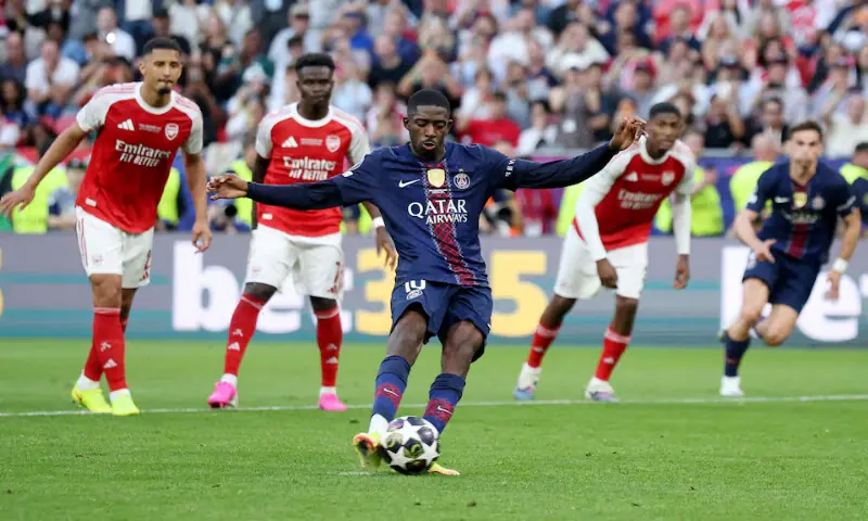 Paris St Germain's Ousmane Dembele scores their first goal from the penalty spot during the Champions League final. -- Reuters Paris St Germain's Ousmane Dembele scores their first goal from the penalty spot during the Champions League final. -- Reuters