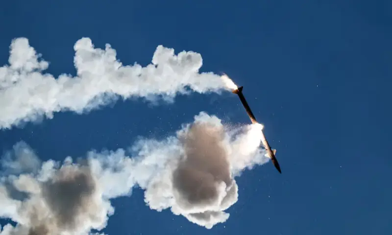 A faulty interceptor missile launched by Israel&rsquo;s Iron Dome anti-missile system disintegrates above southern Lebanon, shortly after being launched by Israel, as seen from the Israeli side of the Israel-Lebanon border, in northern Israel. -- Reuters
