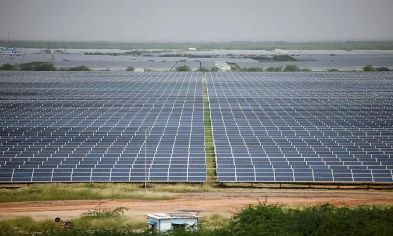 A general view of solar panels at Gujarat Solar Park also called Charanka Solar Park at Patan district in Gujarat, India