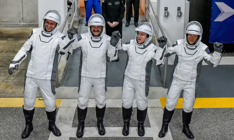 NASA&rsquo;s Crew-12 members, Russian cosmonaut Andrey Fedyaev, NASA astronauts Jack Hathaway, Jessica Meir, and ESA astronaut Sophie Adenot walk out of the Operations & Checkout Building at the Kennedy Space Centre ahead of their launch to the International Space Station in Cape Canaveral, Florida. -- Reuters