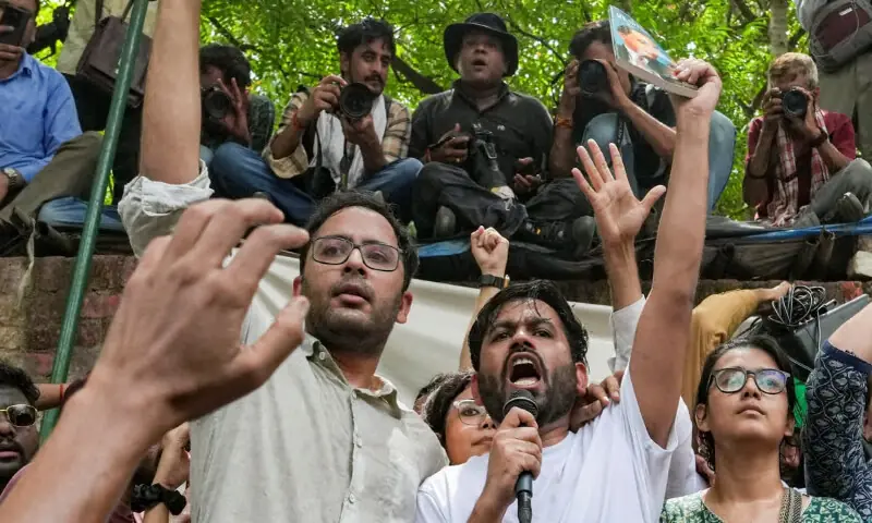 CJP founder Abhijeet Dipke, in white, spokesperson Ashutosh Ranka, left, and others raise slogans during a protest at the Jantar Mantar in New Delhi on Saturday. -- Picture courtesy X