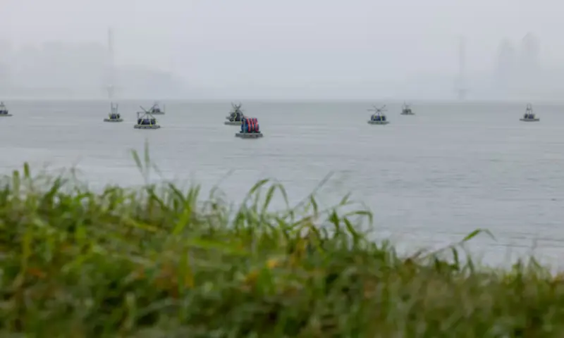 Explosive barrels placed by Taiwan military at the Tamsui river, as part of a series of emergency combat readiness drills, in response to China conducting "Justice Mission 2025" military drills around Taiwan, in Taipei, Taiwan. -- Reuters
