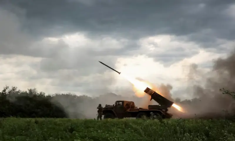 Servicemen of the 148th Separate Artillery Zhytomyr Brigade of the Armed Forces of Ukraine fire a BM-21 Grad multiple launch rocket system towards Russian troops, amid Russia's attack on Ukraine, in Dnipropetrovsk region, Ukraine. -- Reuters
