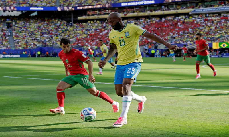Brazil's Igor Thiago in action with Morocco's Brahim Diaz during their World Cup clash in New Jersey Stadium, East Rutherford, New Jersey, US. -- Reuters