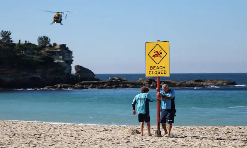 Lifeguards erect a sign that says 'Beach Closed' following a shark attack at Coogee Beach in Sydney, Australia. -- Reuters