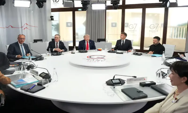 German Chancellor Friedrich Merz, British Prime Minister Keir Starmer, U.S. President Donald Trump, French President Emmanuel Macron, Ukrainian President Volodymyr Zelenskyy and Japan&rsquo;s Prime Minister Sanae Takaichi during a working session at the G7 summit in Evian-les-Bains, France. -- Reuters