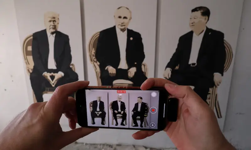 Artwork depicting US President Donald Trump, Russian President Vladimir Putin and Chinese President Xi Jinping at an exhibition, which is called "Yalta 2.0" and opened to make a reference to the 1945 Yalta Conference, at an art gallery in Livadia park in Yalta, Crimea. -- Reuters Artwork depicting US President Donald Trump, Russian President Vladimir Putin and Chinese President Xi Jinping at an exhibition, which is called "Yalta 2.0" and opened to make a reference to the 1945 Yalta Conference, at an art gallery in Livadia park in Yalta, Crimea. -- Reuters