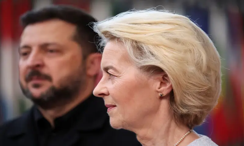 Ukrainian President Volodymyr Zelenskiy and European Commission President Ursula von der Leyen meet with the media on the day of a European Union leaders' summit in Brussels, Belgium. -- Reuters