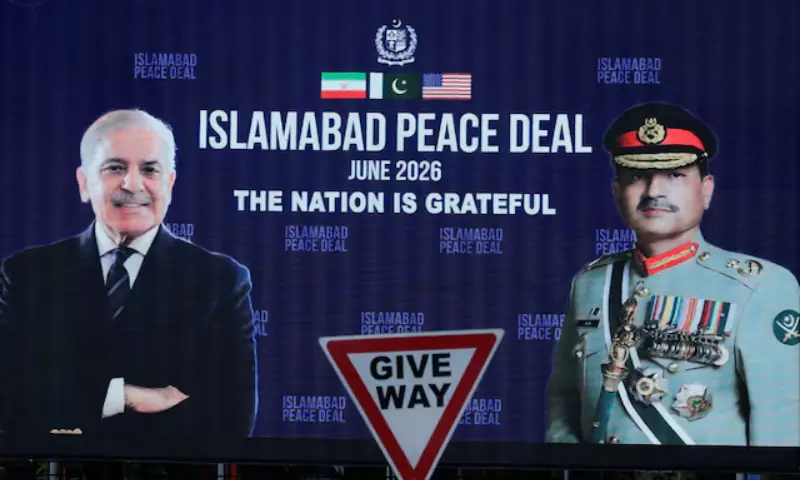 A roadside billboard displaying portraits of Pakistan's Chief of Defence Forces and Chief of Army Staff Field Marshal Asim Munir and Prime Minister Shehbaz Sharif, following a deal between the US and Iran, in Islamabad, Pakistan. A roadside billboard displaying portraits of Pakistan's Chief of Defence Forces and Chief of Army Staff Field Marshal Asim Munir and Prime Minister Shehbaz Sharif, following a deal between the US and Iran, in Islamabad, Pakistan.
