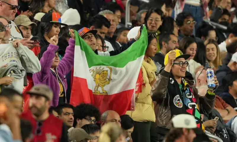 A spectator in the stands holds the pre-revolutionary flag of Iran during the match. -- Reuters A spectator in the stands holds the pre-revolutionary flag of Iran during the match. -- Reuters