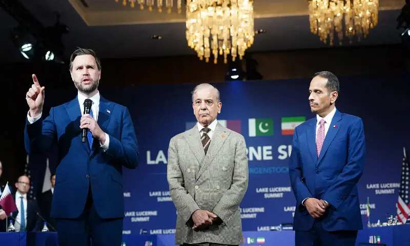 Prime Minister Shehbaz Sharif, US Vice President JD Vance and Qatari Prime Minister Sheikh Mohammed bin Abdulrahman bin Jassim Al-Thani at Lake Lucerne, near Stansstad, Switzerland. -- Picture courtesy X