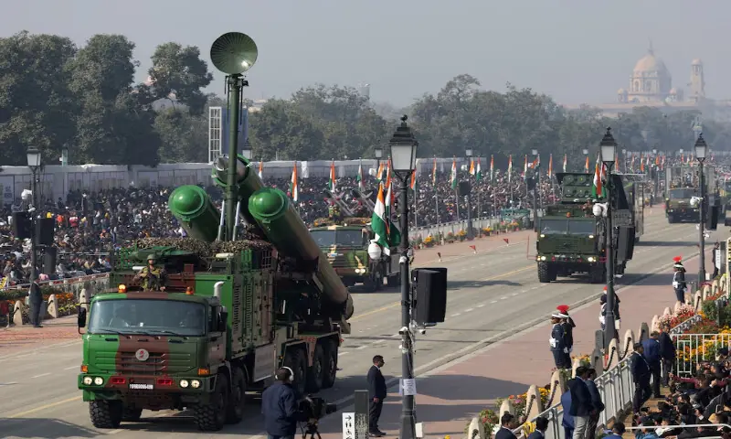 The Indian Army's BrahMos missile launcher is displayed during the Republic Day parade in New Delhi, India, on January 26, 2026. Reuters file