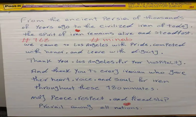 A handwritten message left by the Iranian soccer team thanking Los Angeles for its hospitality during the 2026 FIFA World Cup. -- Reuters