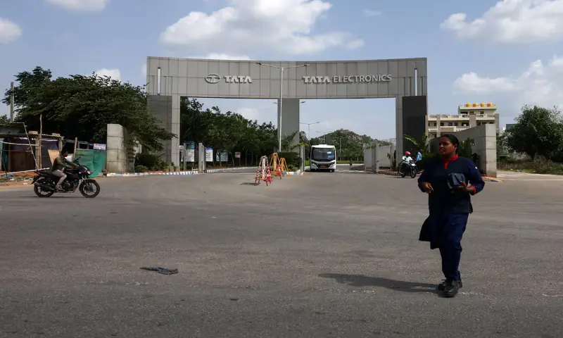 The entrance to the Tata Electronics components factory for Apple's iPhone in southern India, Hosur, Tamil Nadu, India. -- Reuters
