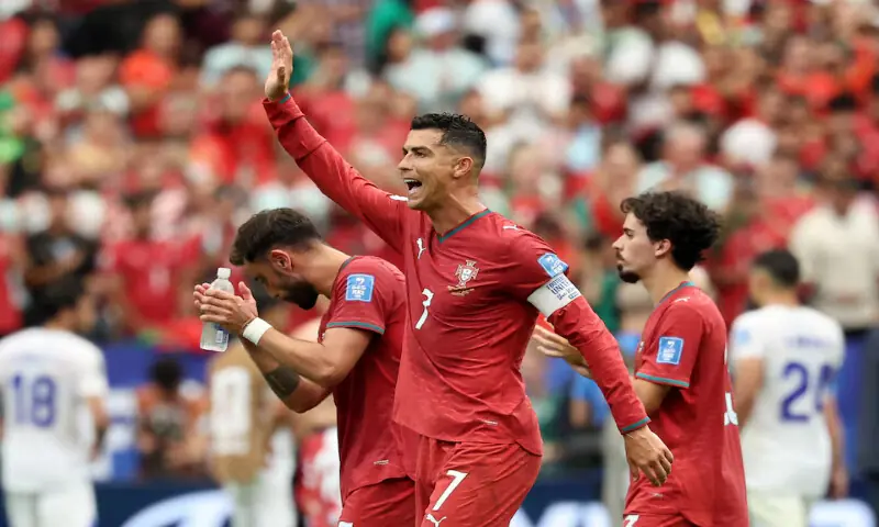 Portugal's Cristiano Ronaldo celebrates after the match. -- Reuters