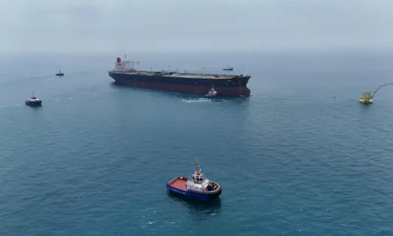 Drone view of oil tanker HELGA berthed at one of Iraq's southern offshore oil terminals near Basra as it prepares to load crude oil, becoming the second vessel to arrive since the closure of the Strait of Hormuz, on April 24, 2026. Reuters file
