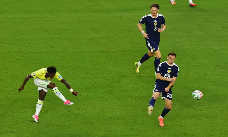 Brazil's Vinicius Junior shoots at goal. -- Reuters