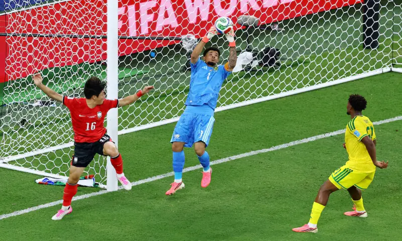 South Africa's Ronwen Williams in action with South Korea's Park Jin-seob. -- Reuters
