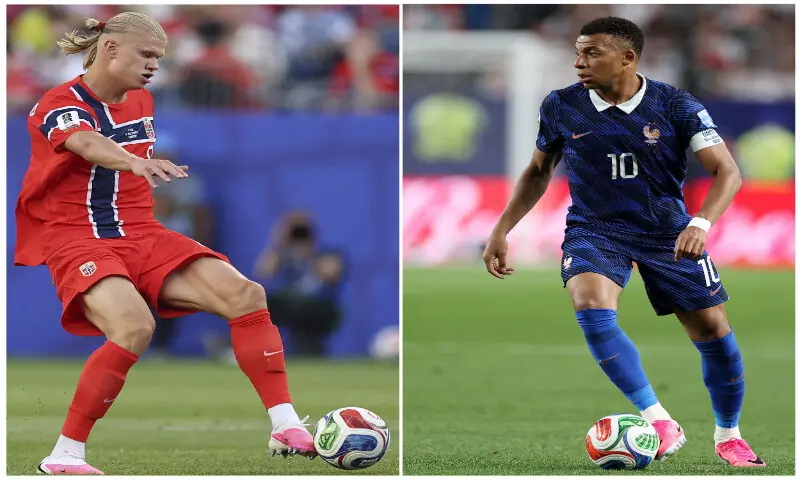 This combination of file pictures created on June 24, 2026 shows Norway's forward Erling Haaland (left) in Foxborough, Massachusetts on June 16, 2026 and France's forward Kylian Mbappe (right) in Philadelphia on June 22, 2026. AFP