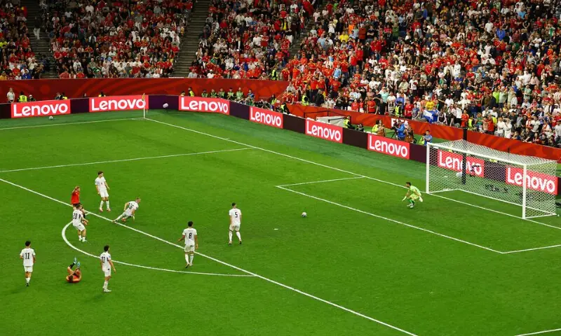 Belgium's Kevin De Bruyne scores their third goal. -- Reuters