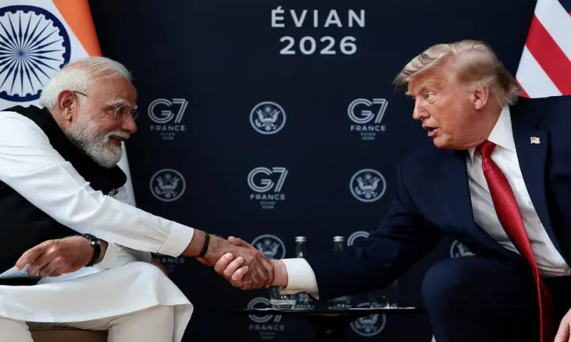 US President Donald Trump shakes hands with Indian Prime Minister Narendra Modi during the G7 Summit in Evian-les-Bains, France. -- Reuters file