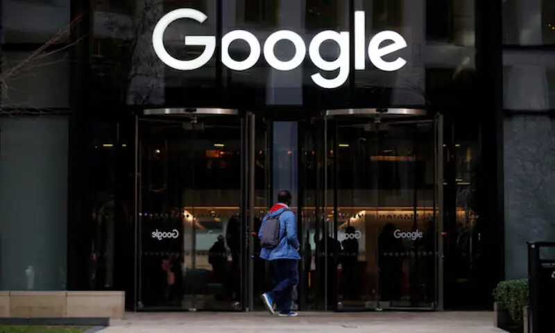 The Google logo is pictured at the entrance to the Google offices in London, Britain. -- Reuters