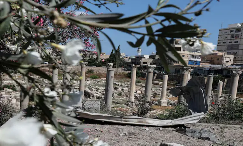 A piece of metal lies at of Al Bass Roman ruins, a UNESCO World Heritage site hit by an Israeli airstrike in Tyre, southern Lebanon. -- Reuters