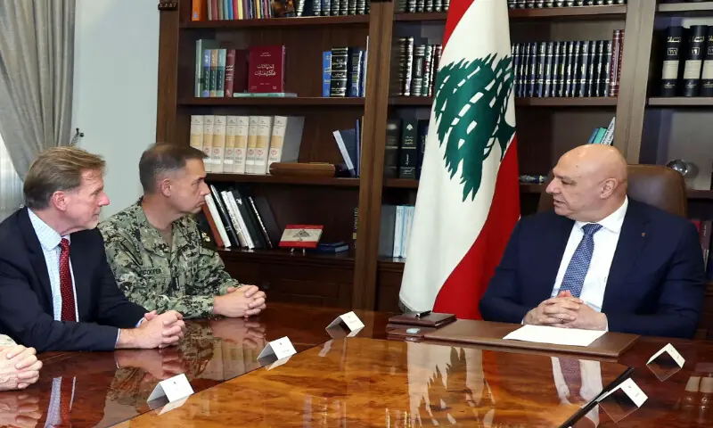 This handout photograph released by the Lebanese Presidency press office shows Lebanon's President Joseph Aoun (right) meeting with Admiral Brad Cooper (second left), the commander of US Central Command, at the presidential palace in Baabda on June 29, 2026. AFP