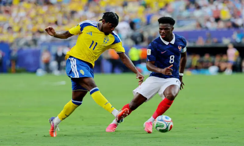 France's Aurelien Tchouameni in action with Sweden's Anthony Elanga. -- Reuters