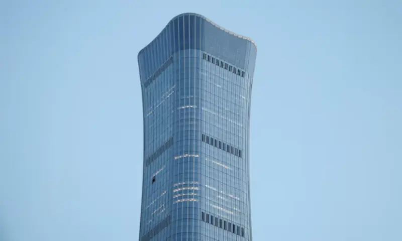 The CITIC Tower, also known as China Zun, where damage is visible on a high floor of the exterior, in Beijing, China. -- Reuters