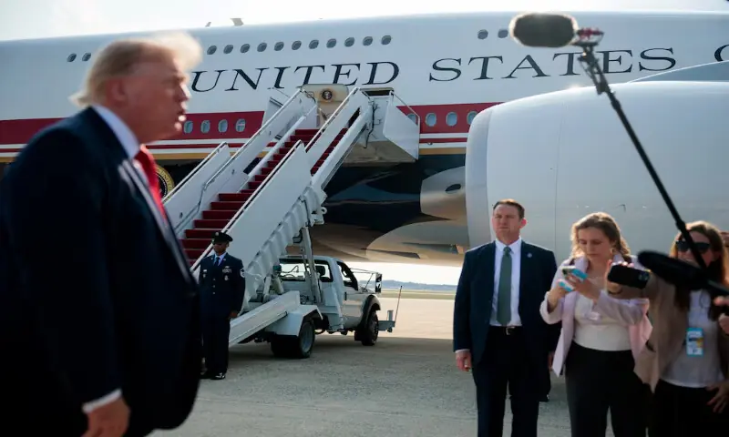 US President Donald Trump speaks with reporters before boarding the new Air Force One, a plane gifted by the Qatari government, at Joint Base Andrews, Maryland, US, on July 1, 2026. Reuters