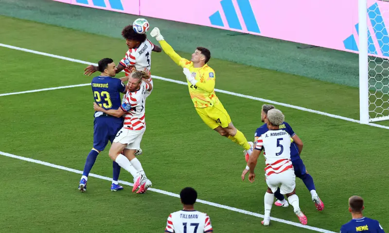 Matt Freese, Tim Ream and Chris Richards of the US in action with Bosnia and Herzegovina's Haris Tabakovic. -- Reuters