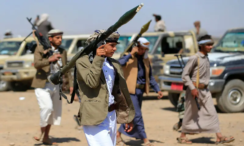 Armed Yemenis rally in solidarity with Lebanon and Iran on the outskirts of the Houthi-controlled capital Sanaa on July 2, 2026. AFP