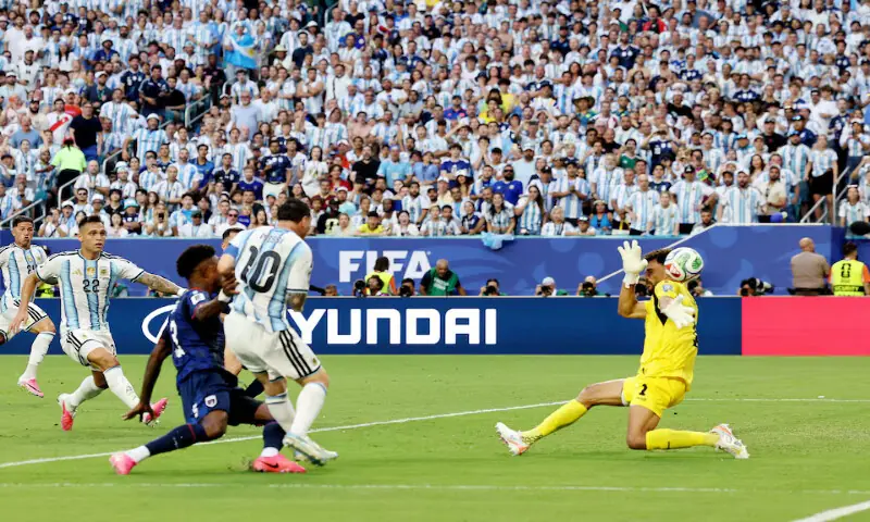 Argentina's Lionel Messi scores their first goal. -- Reuters
