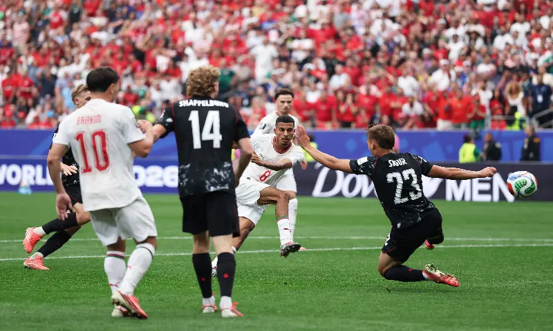 Azzedine Ounahi #8 of Morocco scores his team's second goal during the FIFA World Cup 2026 Round of 16 match between Canada and Morocco at Houston Stadium on July 04, 2026 in Houston, Texas. AFP