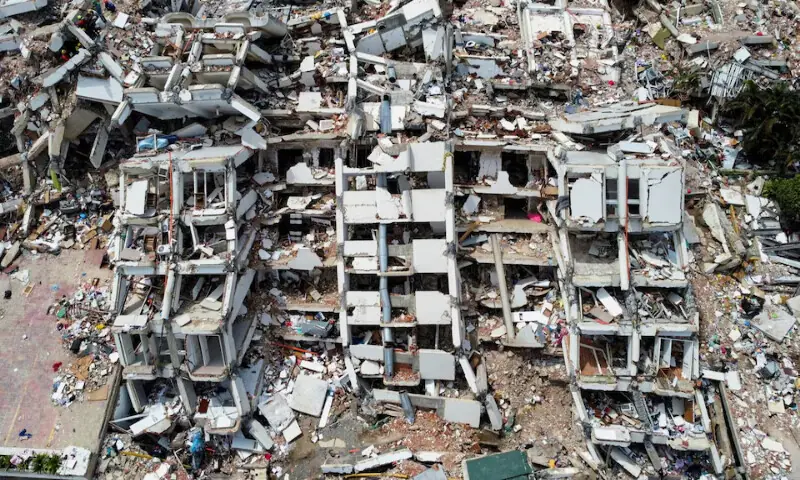 A drone view shows collapsed buildings in the aftermath of the June 24 earthquakes in Los Corales, La Guaira, Venezuela. -- Reuters
